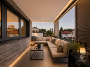 Moderne Terrasse bei Dämmerung